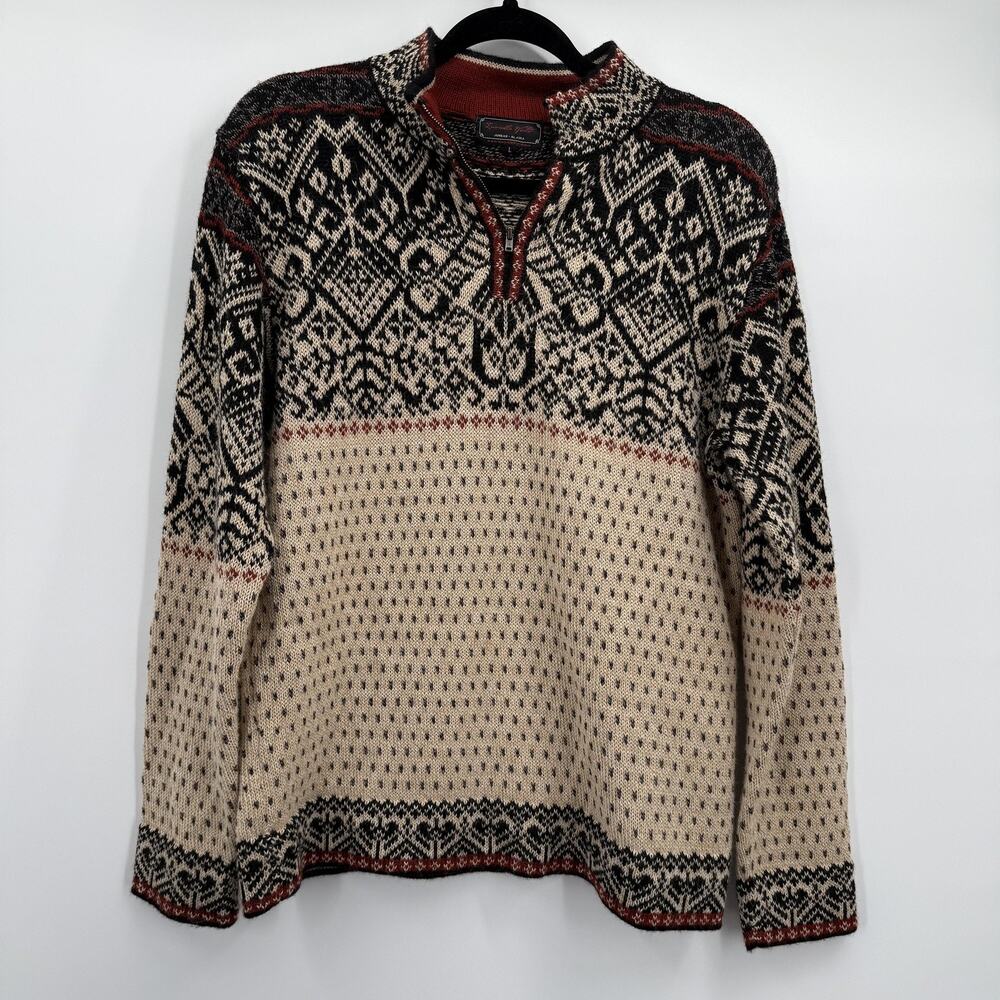Invisible World Sweater Womens Large Alpaca Fair‎ Isle Nordic Henley Black Cream